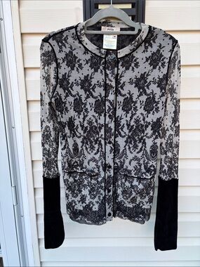Fuzzi Jean Paul Gaultier Ladies Black Lace-Print Sheer Crewneck Cardigan Sweater
